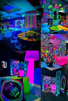 the interior of a nightclub with neon lights and decorations on display at different stages of life