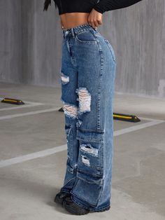 Medium Wash Casual Collar  Denim Plain Wide Leg Embellished Non-Stretch  Women Clothing Tomboy Stil, Baggy Fashion, Style Wide Leg Jeans, Fashion Nova Outfits