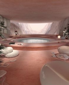 an indoor hot tub in the middle of a room with white chairs and palm trees