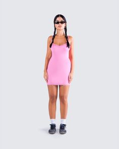 Nothing's better than a little pink dress 💗 Made from jersey fabric, and complete with lace trims, adjustable straps, and a pull-on style - this mini dress is a simple, and flirty look that is perfect for all occasions 😙 Spring Stretch Mini Slip Dress, Stretch Mini Slip Dress For Spring, Stretch Mini-length Slip Dress For Spring, Casual Bodycon Mini Dress With Adjustable Straps, Flirty Spring Slip Dress With Stretch, Flirty Stretch Slip Dress For Spring, Mini Dress With Lace Trim And Spaghetti Straps, Casual Stretch Mini-length Slip Dress, Casual Mini Dress With Built-in Bra For Daywear