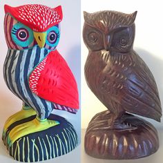 two ceramic owls sitting on top of each other