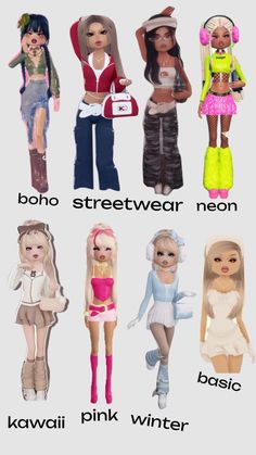 barbie dolls are shown in different colors and sizes, with the names on each one