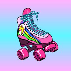 a colorful roller skate with pink wheels and blue laces on the top, against a purple background