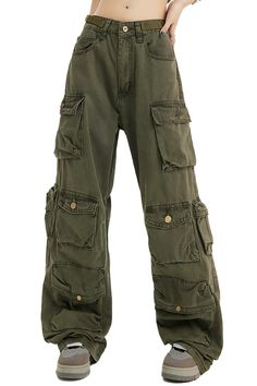 Military Green Wide Leg Cargo Pants Unisex Alt Grunge Dark Green Grunge Outfit, Green Clothes Aesthetic, Baggy Green Cargo Pants, Alt Pants, Grunge Fashion Aesthetic, Cargos Outfit, Indie Pants, Military Green Pants, Wide Cargo Pants