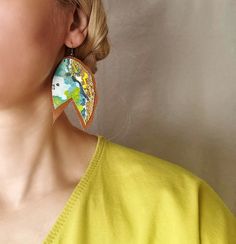 Mismatched Jewelry, Watercolor Jewelry, Foil Decor, Big Dangle Earrings, Artsy Earrings, Leaf Abstract, Paper Earrings, Mismatched Earrings, Artist Gifts