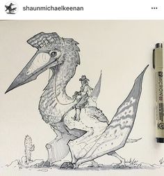 a drawing of a bird with a man riding on it's back