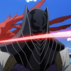 an anime character with a red light saber in his hand and two hands behind him