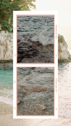 two pictures of the ocean with rocks and water