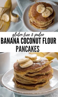 pancakes with banana slices and syrup on top are shown in two different pictures, one is gluten free and the other is plain