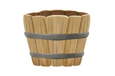 a wooden bucket with two metal straps on the bottom and one in the middle, against a white background