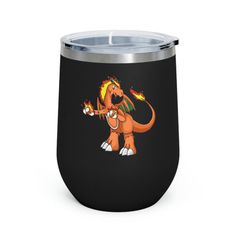 a black tumbler cup with an image of a dinosaur on it