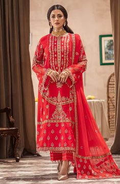 Stunning Red Embroidered Pakistani Salwar Kameez Wedding Dress Salwar Kameez Wedding, Shawl Outfit, Pakistani Winter Dresses, Pakistani Clothes Online, Pakistani Salwar, Salwar Dress, Readymade Saree, Pakistani Salwar Kameez, Chiffon Collection