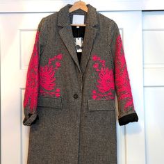 Nwt Stunning Anthropologie One Button Blazer, Faux Pockets, Beautiful Pink Embroidery. Peacoat Women, Fitted Blazer Jacket, One Button Blazer, Peplum Blazer, Suede Blazer, Pink Embroidery, Anthropologie Jacket, Lace Jacket, Checked Blazer