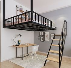 a loft bed with a desk underneath it and stairs leading up to the second floor