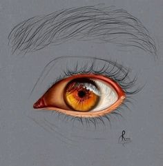 an eye is shown with long eyelashes and orange eyeshadow, as well as the bottom part of the iris