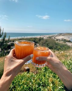 two people holding up glasses with drinks in front of the ocean on a sunny day