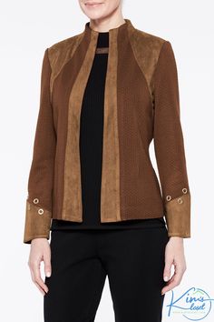 Dial it up or keep it at a whisper — you know how to hit the right fashion notes. This wrinkle-resistant jacket in cognac brown mixes textured knit and faux suede panels in an on-trend pairing. Gold grommets on the sleeves up the ante. Pair with off-white or black pants to make an impact at work, then change into dark denim and booties for a nighttime rendezvous. Wrinkle-Resistant Knit Jacket Cognac Knit with Faux Suede Panels Fade & Stretch Resistant to Hold Its Shape and Color Tailored Fit Fashion Notes, Textured Knit, Knit Jacket, Mandarin Collar, Dark Denim, Shoulder Pads, Cognac, Faux Suede, Black Pants