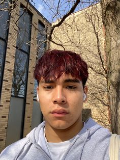 Red Hair Men Aesthetic, Black Cherry Hair Color Men, Red Highlights In Brown Hair Men, Cherry Red Hair Men, Men’s Hair Dye, Burgundy Hair Men, Dark Red Dyed Hair Men, Men’s Dark Red Hair, Red Dyed Curly Hair Men