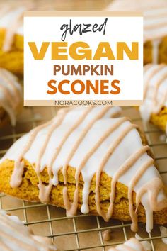 vegan pumpkin scones on a cooling rack with icing drizzled