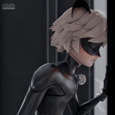 an animated cat woman with black cats on her face and chest, holding a cell phone