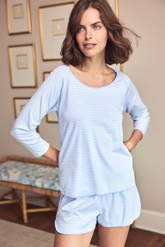 The Pima Long-Short Set in Hydrangea, our best-selling purpley-blue, features a three-quarter length sleeve scoop neck top and shorts with an elastic waistband and 3" inseam. Made from 100% Pima Cotton. Lake Pajamas, Hydrangea Blue, Soft Pajamas, Scoop Neck Top, Perfect Gift For Mom, Long Shorts, Pajama Top, Short Pajama Set, Short Set