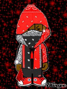 an image of a teddy bear wearing a red coat and scarf with the hood up