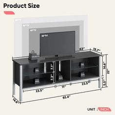 the tv stand has two shelves and one shelf is shown with measurements for each unit