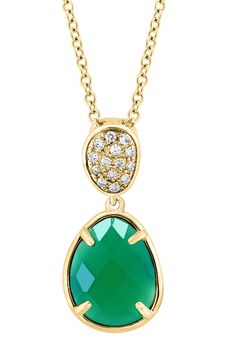 A polished 14-karat yellow gold necklace suspends a pavé diamond oval and green onyx oval pendant for a sparkling pop of color. 18" length; 1/2"W x 3/4"L pendant Lobster clasp closure Total green onyx weight: 1.80ct. Total diamond weight: 0.05ct. Color: H–I Clarity: I1–I2 14k gold/green onyx/diamond Made in the USA Diamond Guide Elegant Green Necklace With Pave Setting, Formal Jewelry With Pave Setting For May Birthstone, Elegant Green Oval Pendant Jewelry, Oval Pendant Jewelry With Pave Setting Gift, Green 14k Gold Jewelry With Pave Setting, 14k Gold Green Jewelry With Pave Setting, 14k Gold Oval Necklaces With Pave Setting, Elegant Green Jewelry With Pave Setting, Green Oval Necklace With Diamond Accents