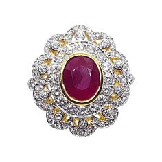 Ruby 2.17 carats with Diamond 0.80 carat Ring set in 18 Karat Gold Settings Width: 2.0 cm Length: 2.1 cm Ring Size: 52 Total Weight: 6.24 grams "We first opened doors in 1980 when it was then situated in the vicinity of the Victory Monument; a small and modest storefront with a couple of counters. From its humble beginnings to where it stands today, our company has proven its abilities as a jeweler. Since the beginning, we have been supplying fine quality pieces to dealers, wholesalers and custo Luxury Ruby Cluster Ring With Diamonds, Luxury Cluster Ruby Ring With Diamonds, Luxury Ruby Ring With Diamond Accents And Round Shape, Luxury Round Ruby Ring With Diamond Accents, Luxury Ruby Rings With Diamond Accents, Dazzling Oval Ruby Ring With Diamonds, Luxury Ruby Cluster Ring With Center Stone, Luxury Cluster Ruby Ring With Center Stone, Exquisite Ruby Rings With Diamond Accents