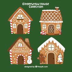 three gingerbread houses with snowmen and candy canes