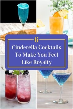 Collage of 4 cinderella cocktails. Disney Princess Cocktails, Teen Drinks, Princess Drinks, Disney Inspired Cocktails, Disney Cocktails, Drink Names, Disney Dinner, Wedding Signature Drinks