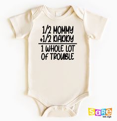 "Half Daddy Half Mommy Baby Onesie®, Cute Baby Bodysuit, Funny Toddler T-Shirt , Funny Baby Gifts, Funny Newborn Gift, Cute Newborn Outfit, Funny Shirt for Girls, Toddler Girl's Shirt,, Cute Baby Onesie®, Funny Toddler Youth Shirt, Natural Newborn Girl Shirt, Cute Baby Clothes, Gift for Newborn, Babyshower Gift, Babyshower Shirt, Newborn Girl Gift, Kids Horse Shirt Welcome to SareKidsStyle! HOW TO ORDER * Please review all the information provided before placing an order. 1. Select the style and size using the drop-down menu. 2. Select color 3. [APPLICABLE ONLY ON CERTAIN LISTINGS] Follow the instructions to fill out the \"Add your personalization\" option, e.g., specifying custom sayings or selecting design colors. 4. Select quantity Need more Items? Add the current item to the cart. And Family Matching Cotton Onesie For Birthday, Funny Short Sleeve Bodysuit For Birthday, Casual Short Sleeve Onesie With Funny Text For Birthday, White Onesie With Funny Text For Birthday, Family Matching Short Sleeve Bodysuit For First Birthday, White Cotton Bodysuit For Birthday, White Short Sleeve Bodysuit For Birthday, Short Sleeve Onesie With Funny Text For Birthday, Cotton Letter Print Bodysuit As Gift