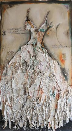 a painting made out of torn paper with a woman in a dress on it's back