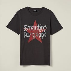 Smashing Pumpkin Band Shirt, Brand New. Grey With Red Star And White Wording “Smashing Pumpkins”. Print Looks Distressed But It Was Made That Way. You Could Kinda See It On The Model. 100% Cotton. Size: X-Small. W: Fits Small M:Fits X-Small. Please Read Policy Before Buying #Band #Smashingpumpkins Smashing Pumpkins T Shirt, Grunge Graphic Design Tops For Fall, Fall Graphic Tee Tops With Graphic Design, Red Grunge Tops For Fall, Fall Short Sleeve T-shirt With Logo Print, Fall Logo Print Short Sleeve T-shirt, Fall Red Graphic Print Shirt, Red Graphic Print Shirt For Fall, Fall Grunge Shirt With Graphic Print