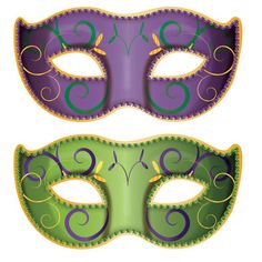 two purple and green masks with swirls on them