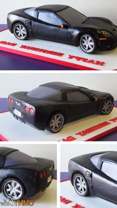 three photos of a car cake on top of a table