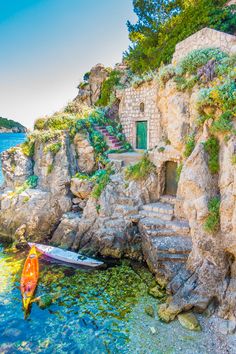 there is a boat that is sitting on the water next to some rocks and plants