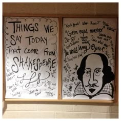 two paintings with words written on them in front of a white brick wall and one has writing that reads things we say today that come from shakespeare