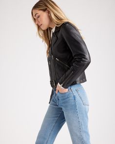 Biker chic incoming. Crafted from 100% top grain leather in a totally timeless design. This leather motorcycle jacket is unbelievably soft, and super stylish. Epaulette shoulders and robust zip details on the sleeves and pockets give it an edgy feel. Plus the pockets are spacious and usable. Fully lined with a poly satin in a slim cut, with belted hem. Read more about what makes our leather special in our Leather 101 guide.  | Quince | Women's Motorcycle Jacket in Black, Size Large, Leather Cashmere Robe, Motorcycle Jacket Women, Biker Chic, Cashmere Wrap, Sheep Leather, Again And Again, Leather Biker Jacket, Leather Motorcycle Jacket, Biker Style