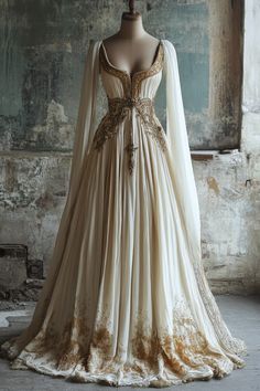 Caped Dresses Long, Beltane Wedding Dress, Fire Queen Outfit, Princess Dresses Fantasy Gowns, Wedding Dress With Long Flowy Sleeves, Long Sleeve Champagne Wedding Dress, Mythical Ball Gowns, Medieval Dress Wedding, Masquerade Ball Gowns Gold