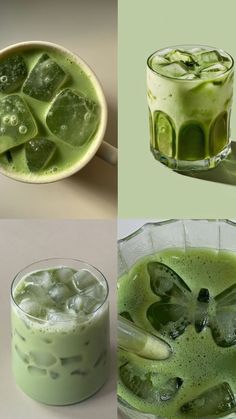 four different shots of green drinks with ice cubes