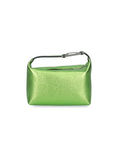 Eéra "Moon" handbag in green laminated leather, top handle, silver logo hook detail, zip closure, main inner compartment. Composition: 100% Leather Green Formal Bag With Round Handle, Green Formal Shoulder Bag With Round Handle, Green Formal Bags With Round Handle, Formal Green Shoulder Bag With Round Handle, Formal Green Bags With Round Handle, Green Shoulder Bag With Palladium Hardware, Modern Green Shoulder Bag With Silver-tone Hardware, Green Shoulder Bag With Double Handle And Palladium Hardware, Green Shoulder Bag With Palladium Hardware And Double Handle