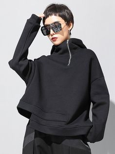 Uoozee Black Hoodie Sweatshirt With Zipper Closure, Black Zipper Closure Sweatshirt For Fall, Black Zipper Sweatshirt For Fall, Casual Winter Sweatshirt With Asymmetrical Zip, Black Funnel Neck Sweatshirt For Winter, Black Asymmetrical Zip Outerwear For Streetwear, Black Half-zip Sweatshirt, Black Hooded Top With Zipper Closure, Black Funnel Neck Sweatshirt For Fall