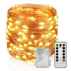 an orange string light with remote control on the side and white lights in front of it