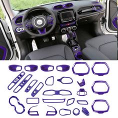 the interior of a car with purple trims and steering wheel cover, dash stickers