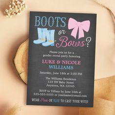 an image of baby shower party with boots and bows on the front, pink bow at the back