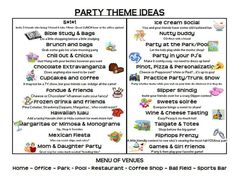 a menu for a party with different food items