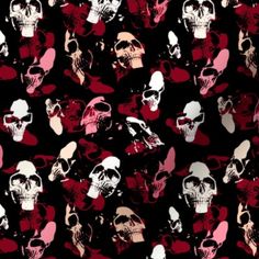 an image of many skulls on a black background with red, pink and white colors