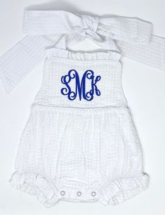 Simple and Sweet Monogrammed Sunsuit - Perfect for summertime  In the Note to Seller section, please respond with: - FULL name - First, Middle, Last  It's important that you do this to ensure that I get the initials correct for the monogram.  - Monogram font choice - See photos for options - Thread color - Can be any color at all!  Want something more custom? No problem! I love any custom ideas you might have and would love to talk about the different things we could do! Summer Gingham Cotton Bubble Romper, White Fitted Bubble Romper For Summer, White Fitted Summer Bubble Romper, Fitted White Bubble Romper For Beach, White Short Sleeve Bubble Romper For Beach, Olivia Grace, Future Children, Fits Inspo