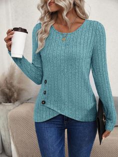 Women's Solid Color Round Neck Long Sleeve Ribbed Asymmetric Hem Casual T-Shirt, Spring & Summer Blue Casual  Long Sleeve Knitted Fabric Plain  High Stretch  Women Clothing, size features are:Bust: ,Length: ,Sleeve Length: Bow Shorts, Elegant Dresses Long, Knit Sleeve, Embroidered Shorts, Spring Shirts, Casual T Shirt, Kids Sleepwear, Long Sleeve Knit, Woman Colour